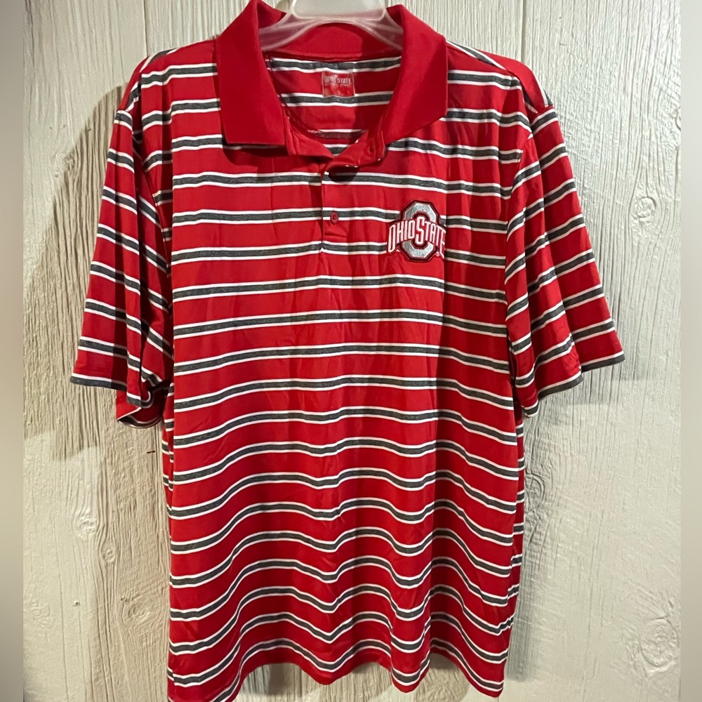 OSU Red, white and gray Striped Polo Shirt with embroidered Logo